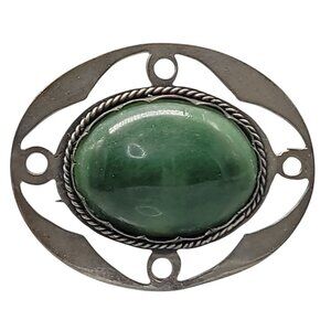 Green Onyx Sterling Silver Brooch Large Cabachon Gemstone 925 Oval Setting VTG